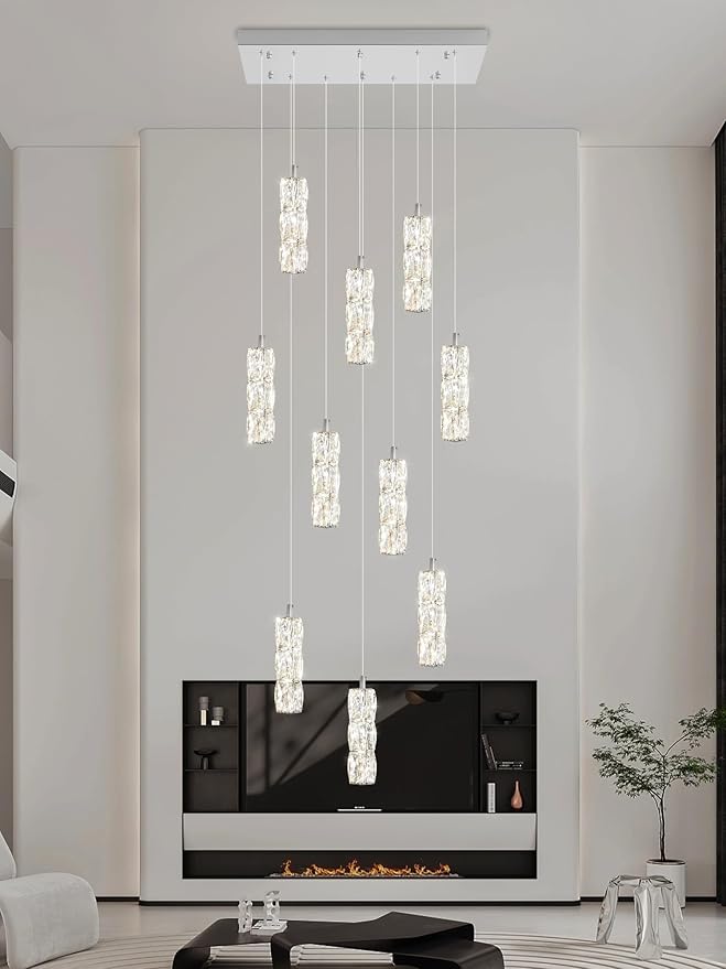 Modern Chandelier, Rectangular Crystal Chandelier Flush Mount Pendant Lighting Chrome Ceiling Light Fixture for Dining, Living Room, Kitchen Island, Bedroom