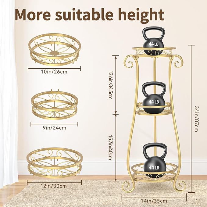LASZOLA 3 Tier Gold Metal Plant Stand for Multiple Large Planters Indoor Outdoor Organizer, Heavy Duty Tall Flower Stand for Corner Patio Bathroom Office, Modern Sturdy Vertical Iron Rack, Cat Proof