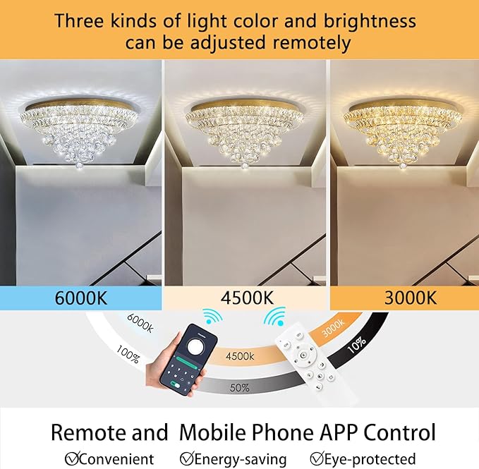 Modern Glam Crystal Chandelier Dining Room Bedroom Ceiling Lights Chandelier with Dimmable Bulbs Ceiling Lighting Fixture 23.6 Inches Gold Light