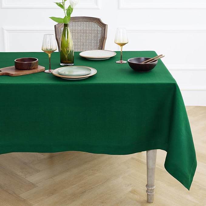 Solino Home Linen Tablecloth 52 x 52 Inch - 100% Pure Linen Christmas Green Square Tablecloth - Fete, Machine Washable Table Throw for Thanksgiving