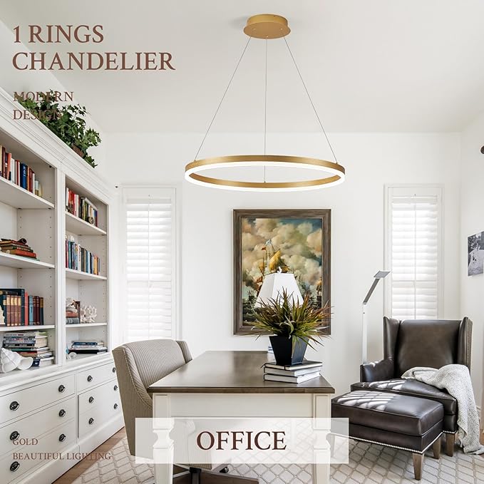 Modern LED Pendant Lighting 24'' Ring Chandelier Gold Dimmable LED Chandelier for Dining Room 36W Adjustable Pendant Light Fixture for Living Room Bedroom Home Office Foyer, 3000-6500K