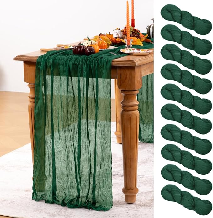 Emerald Green Cheesecloth Table Runner 10 Pack Fall Table Runners Boho Gauze 120 Inches Green Cheese Cloth Fall Table Decorations for Thanksgiving Wedding Bridal Baby Shower Tea Party