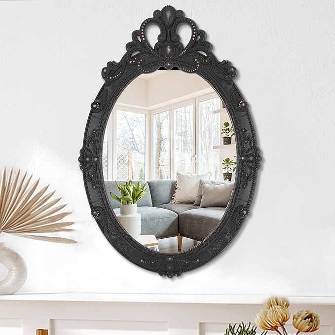 Vintage Black Hanging Wall Mirror Wall Decor 24"x16" Antique Oval Carved Wood Frame Bathroom Mirror Vanity Rustic Wall Mounted Mirrors Decorative Farmhouse Mirrors for Bedroom Living Room