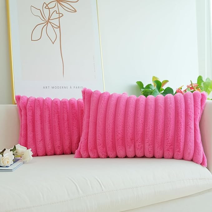 JOJUSIS Pack of 2 Faux Fur Plush Decorative Throw Pillow Covers Couch Cushion Case Soft Pillowcases (Hot Pink, 12 x 20-Inch)