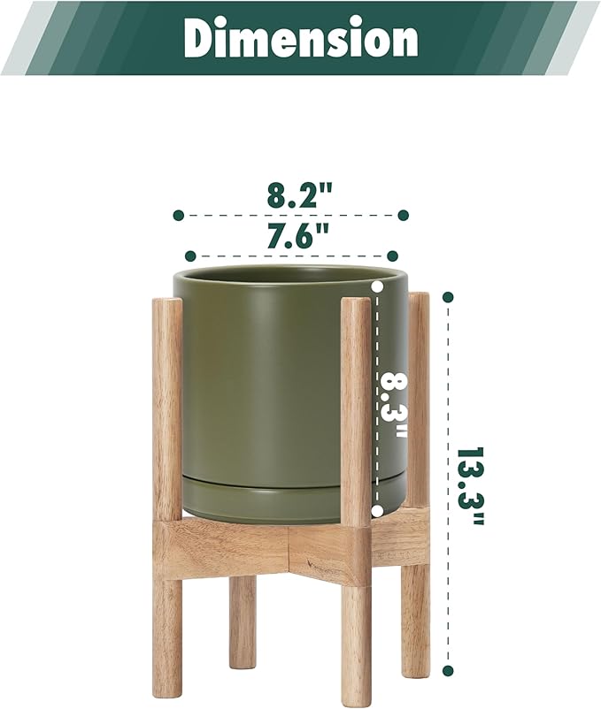 D'vine Dev Ceramic Planter with Natural Stand - 8 Inch Modern Round Flower Pot with Wood Planter Holder, Olive, 55-B-N-J