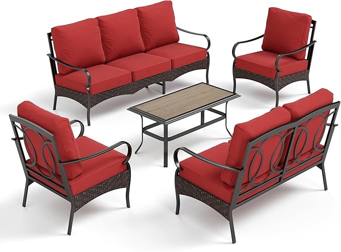 PHI VILLA Outdoor Modern Patio Furniture Set, Upgraded Wicker&Metal Patio Furniture Conversation Set with Waterproof Thick Cushions for Porch, Poolside, Deck, and Yard (5 Pieces,Red)