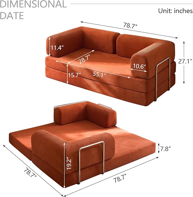 Modern Convertible Lounge Chair, Corduroy Fabric, Square Platform Design with Metal Frame, Floor Sofa Bed with Fixed-Shape Frame,Living Room Seating with Armrest (Orange, large 3-seater sofa)