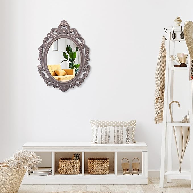 Hanging Wall Mirror Wall Decor Vintage Brown Antique Oval Carved Wood Frame Bathroom Mirror Vanity Rustic Wall Mounted Mirrors Decorative Farmhouse Mirrors for Bedroom Living Room 20"x16"