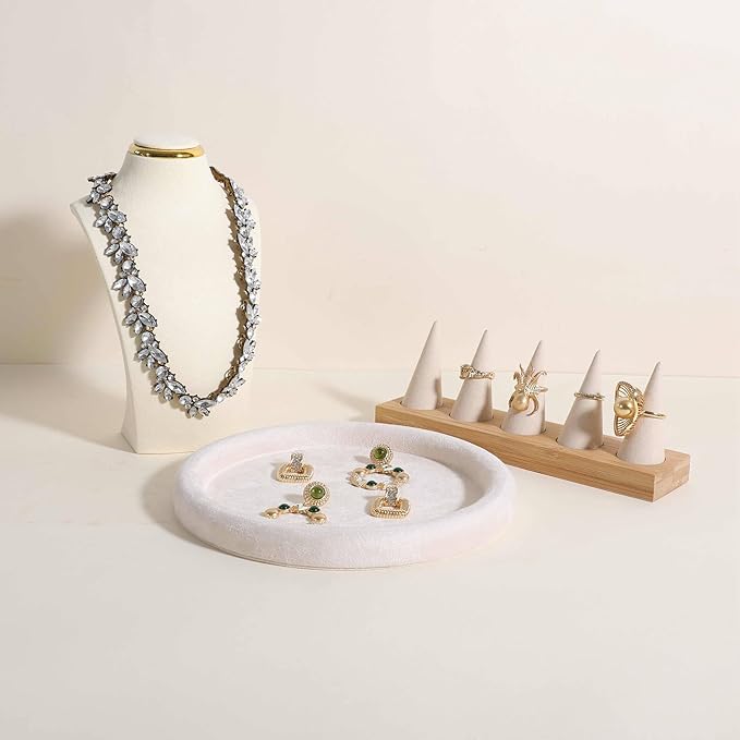 GemeShou Round Jewelry Organizer plate, Top Microfiber velvet Jewerly display tray, Empty Jewelry showcase tray for Necklace Bracelet Ring Earring display stand holder (Cream-Medium, 7.9 x 7.9 in)