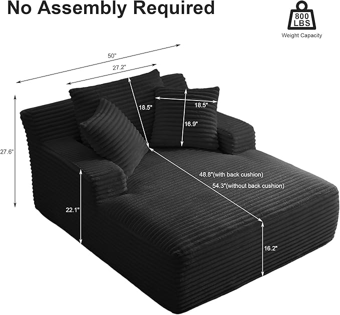GNIXUU Oversized Chaise Lounge Chair Indoor, Comfy Lounge Sofa Upholstered Boneless Couch Bed with Throw Pillows and Armrests, Corduroy Plush Cloud Sofa Reading Chair for Living Room, Black