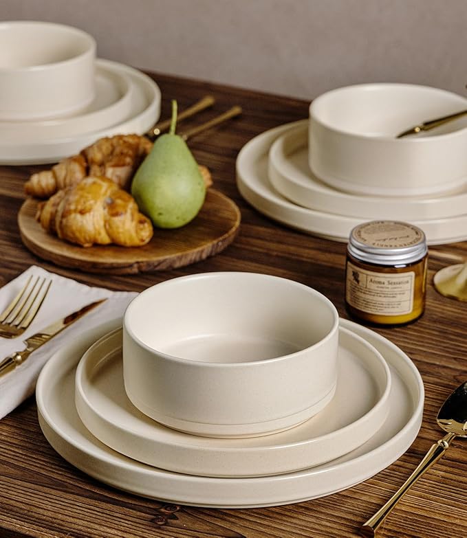 TheTerra Ceramic Dinnerware Sets for 4, 12 Pieces Handmade Reactive Glaze Plates and Bowls Set, Scratch Resistant Dish Set, Oven & Microwave & Dishwasher Safe, Matte White