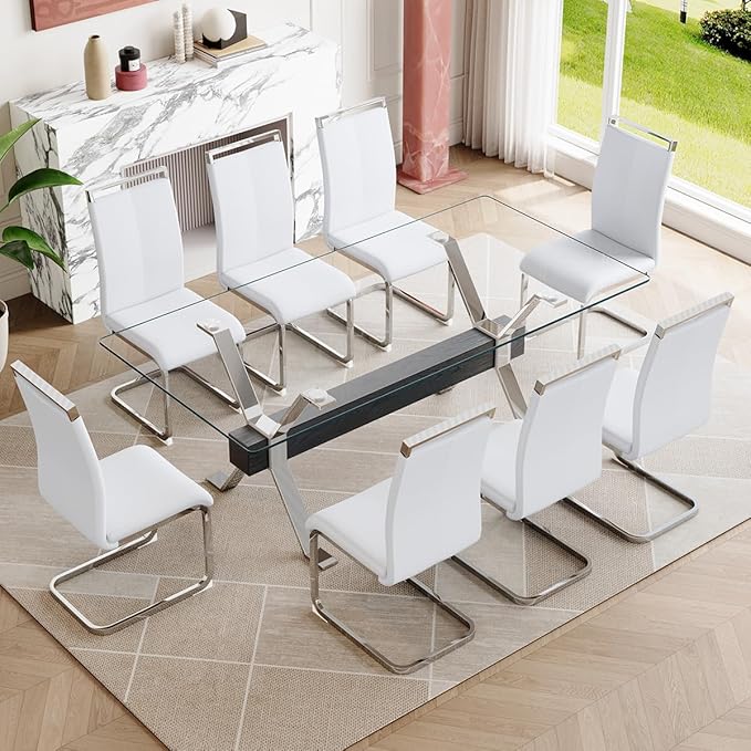 9 Piece Glass Dining Table Set, Kitchen Table Chairs Set for 8, 71'' Dining Table with 0.4" Tempered Glass Tabletop with Plated Metal Legs and MDF Crossbar, 8 PU Chairs for Dining Room, Kitchen.