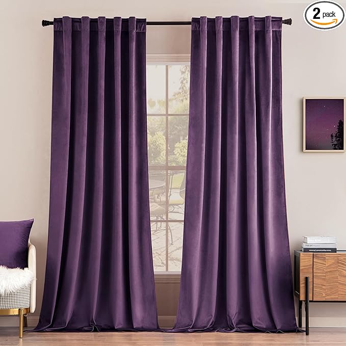 MIULEE Purple Velvet Curtains 90 inches - Luxury Blackout Curtains for Bedroom Living Room Thermal Insulated Super Soft Window Drapes Rod Pocket & Back Tab, W52 x L90 inches, 2 Panels
