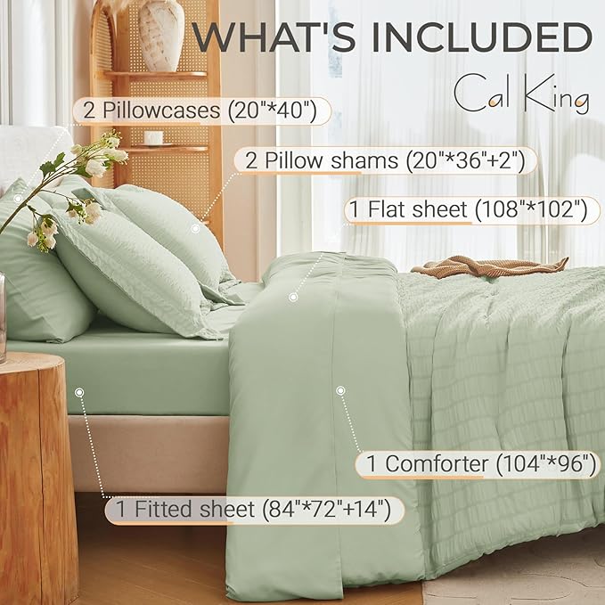 MUXHOMO 7 Pieces California King Comforter Set, Seersucker Bed in a Bag Cal King Size, All Season Luxury Bedding Set with Comforter, Flat Sheet, Fitted Sheet, Pillowcases & Shams, Light Green