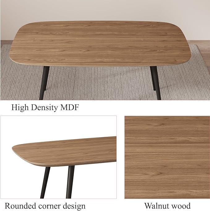 47.2'' Modern Farmhouse Dining Table, Wooden Rectangular Dining Table with Metal Legs for 4-6 People for Dining Room, Kitchen, Living Room (Walnut Color Table, 47.2")
