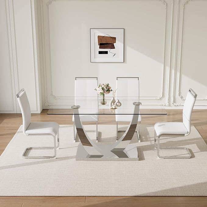 63” Glass Dining Table Set for 4,Modern Dining Room Table Set for 4, Kitchen Table and PU Leather Chairs, Dinner Table with Rectangle Tempered Glass Top and Chrome Silver Base