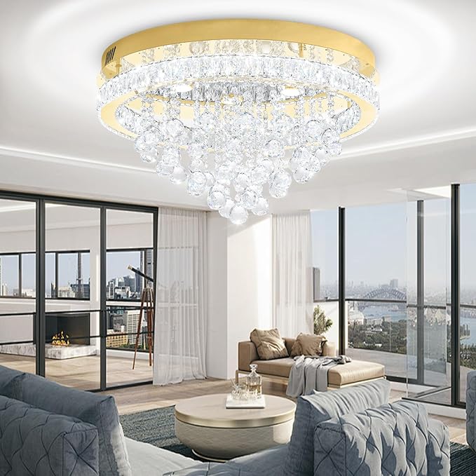 24" Modern Crystal Chandeliers for Dining Room Gold Ceiling Chandelier Flush Mount Crystal Ceiling Light for Bedroom Living Room Hallway