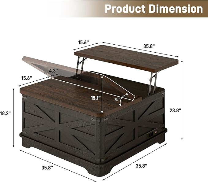 36" Farmhouse LED Lift Top Coffee Table with Storage and Power Outlets, Square Wood Living Room Tables with LED Lights & Large Hidden Space, Lift Wooden Barn Door Center Table, Black