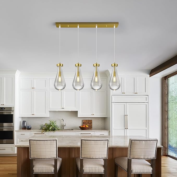Raindrop Pendant Lights Kitchen Island Teardrop Gold Hanging Light Fixtures Clear Solid Glass Pendant Light Modern Chandeliers for Dining Room Porch Corridor Living Room(Long Plate-4 Lights)