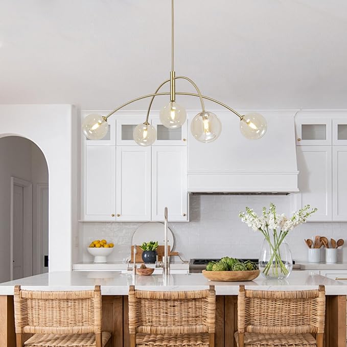 Mid Century Modern Sputnik Chandelier 5-Light Gold Glass Ceiling Light Large Brass Chandelier for Dining Room Kitchen Bedroom