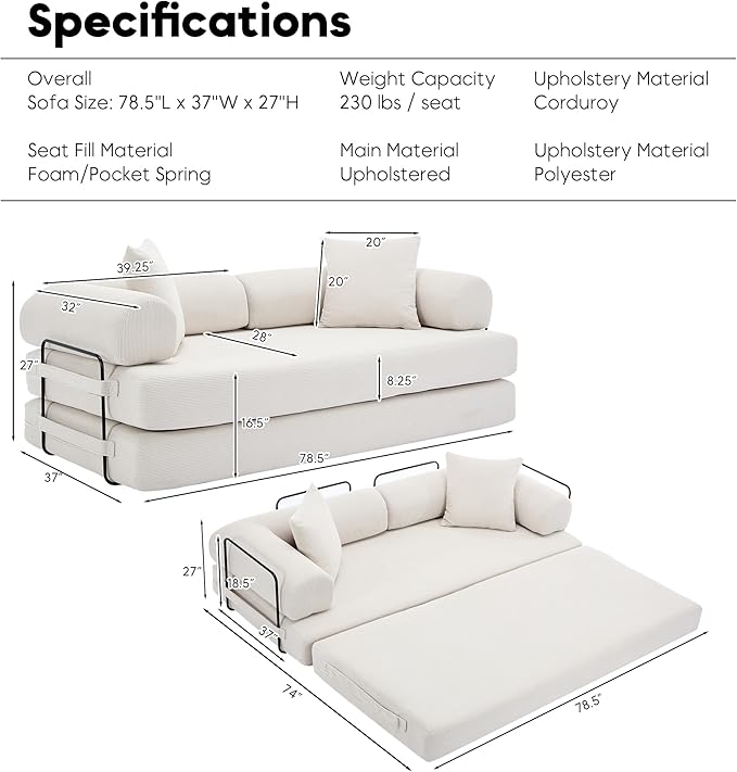 Convertible Sleeper Sofa Bed with Cylindrical Pillow, Corduroy Folding Mattress Couch with Fixed-Shape Frame, Floor Sofa Lounge Couch for Living Room Bedroom Lounge Studio, Beige
