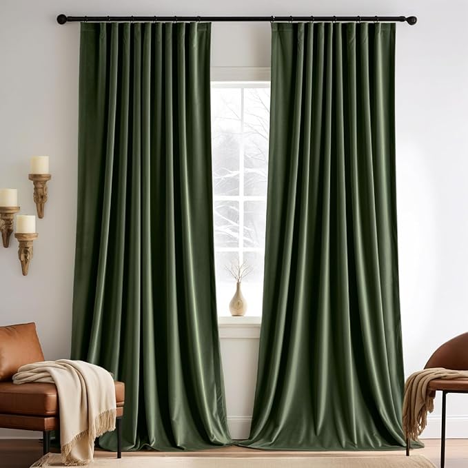 MIULEE Olive Green Velvet Curtains 102 inches 2 Panels - Pinch Pleated Luxury Room Darkening Curtains for Bedroom Living Room Thermal Insulated Super Soft Window Drapes Rod Pocket, W52 x L102 inch
