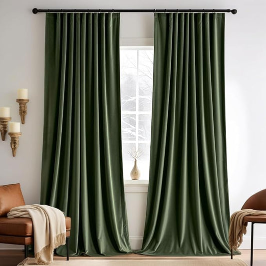 MIULEE Olive Green Velvet Curtains 102 inches 2 Panels - Pinch Pleated Luxury Room Darkening Curtains for Bedroom Living Room Thermal Insulated Super Soft Window Drapes Rod Pocket, W52 x L102 inch