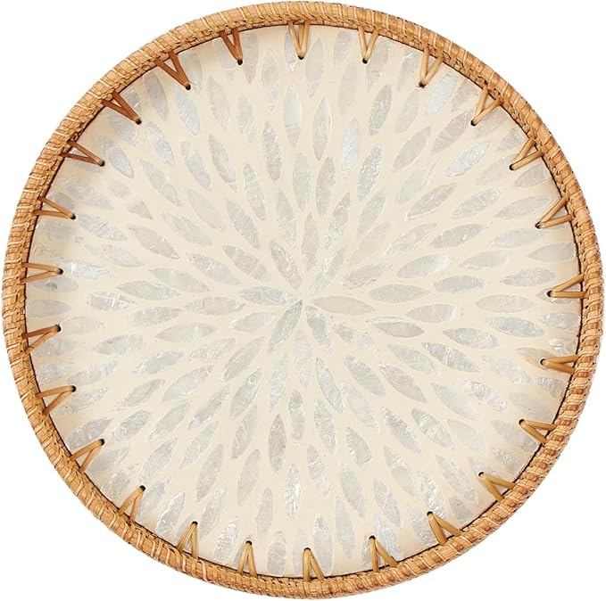 Round Rattan Tray with Mother of Pearl Inlay, Rattan Serving Tray with Wooden Base, Decorative Wicker Basket for Table Decor, Storage and Display of Coffee Bread Food Fruit (Leaf 2)
