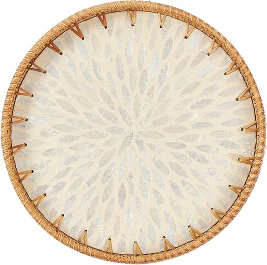 Round Rattan Tray with Mother of Pearl Inlay, Rattan Serving Tray with Wooden Base, Decorative Wicker Basket for Table Decor, Storage and Display of Coffee Bread Food Fruit (Leaf 2)