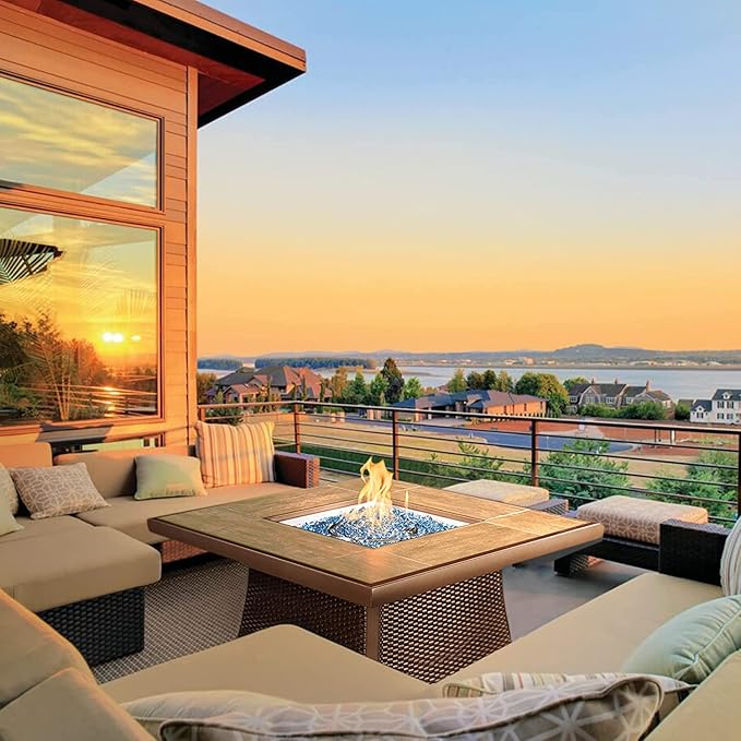 42" Propane Fire Pit Table, Patio Dining Fire Pit Table, 50,000BTU CSA Certified, Tile, Aluminum, & Wicker Details, with Lid&Wind Guard, Outdoor Fire Pit Accessories Included, for Garden, Yard