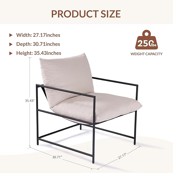 Sling Accent Chair with Metal Frame, Modern Armchair with Memory Foam Cushion, Comfy Lounge Chair for Living Room Bedroom Balcony, Beige