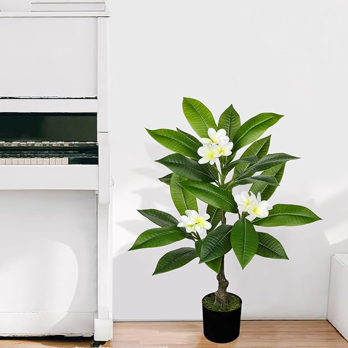 Briful Artificial Plants Indoor 26.77'' Fake Tropical Plumeria Flowers Tree Plants in Black Pot Hawaiian White Plumeria Rubra Faux Frangipani Tree Floor Plant for Home Office Wedding Decor