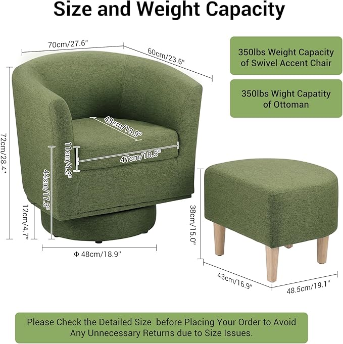DAZONE Green Swivel Accent Chair with Ottoman, Comfy Barrel Armchair for Small Spaces, 360° Modern Fabric Lounge Chair for Living Room, Bedroom, Reading Nook, Home Office