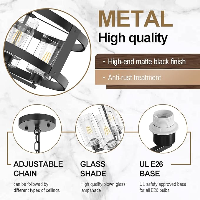 4-Light Farmhouse Chandelier, 20" Black Light Fixture with Glass Shade Modern Drum Lighting Fixtures Ceiling Pendant Lamp for Dining Room Kitchen Island Entrance Foyer Living Room Bedroom