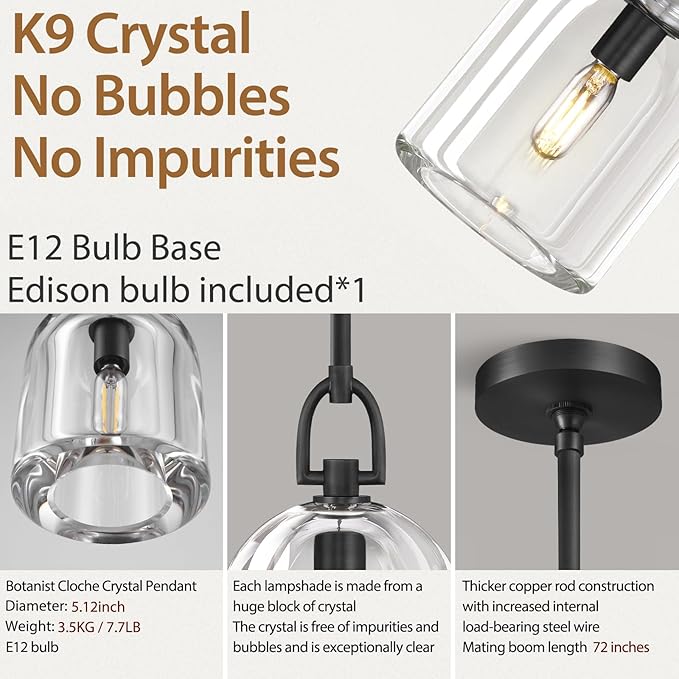 K9 Crystal Black Pendant Light Fixtures, Modern Farmhouse Pendant Lights Kitchen Island, Kitchen Pendant Light Over Island, Indoor Cloche Crystal Pendant Lighting,E12 Bulb Included