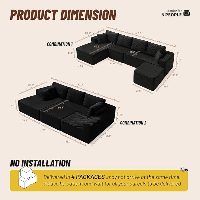 138" Boneless Couch with Deep Seat, Modular Sectional Sofa, Cloud Sectional Couch for Living Room, No Assembly Required, Corduroy, U-Shape 4 Seater Left, Black