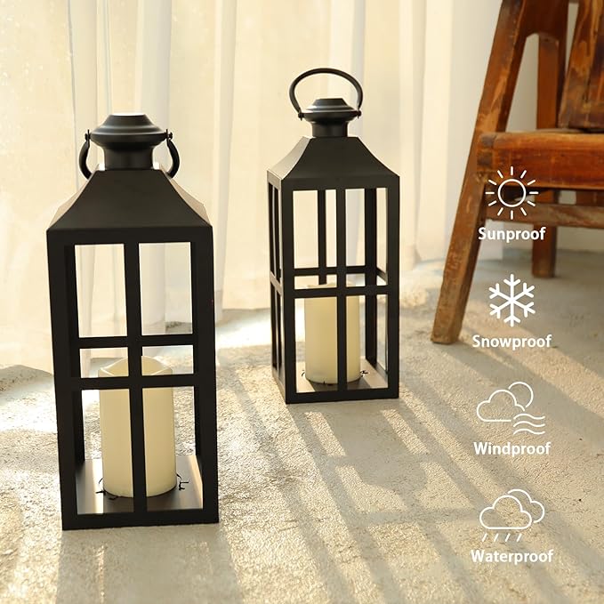 Bdor 2 Pack Black Metal Lantern with LED Candle, Battery Operated, 17.7 Inch Tall Decorative Candle Holder, for Indoor and Outdoor Use, Perfect for Home Décor, Weddings, Parties, and Holiday