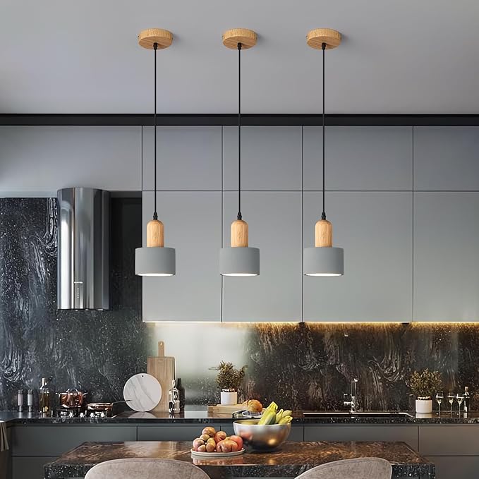 Modern Cement Pendant Lights Grey Chandelier Wooden Ceiling Lamps for Kitchen Island Bedroom Dining Room Living Room bar（3 Pack）