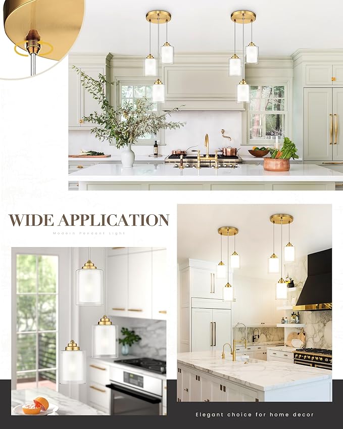 TENGXIN 3 Light Pendant Light,Brushed Gold Modern Pendant Light for Kitchen Island,Dual Glass Shade,Farmhouse Pendant Lighting for Dining Room,TXPLBG04