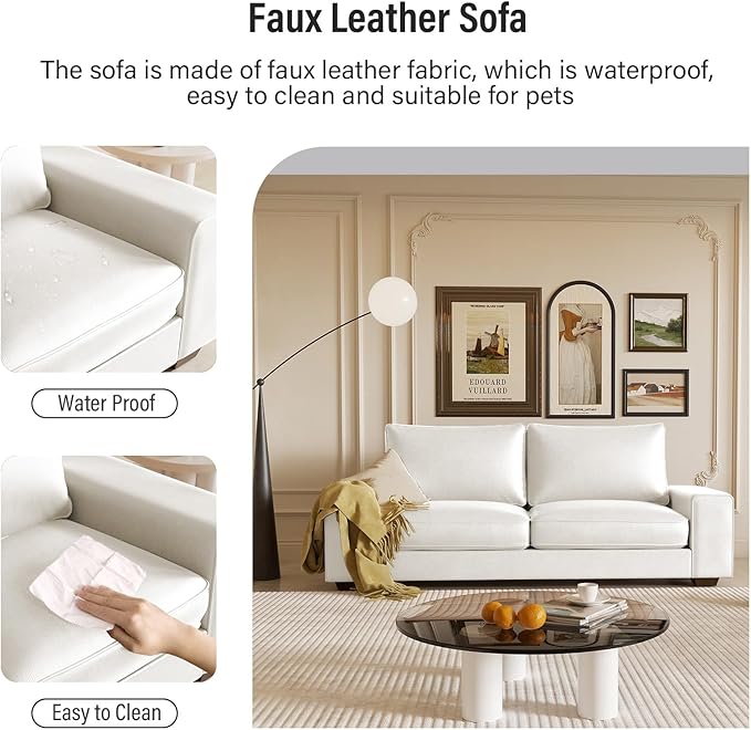 Faux Leather Couch, Mid Century Modern Comfy Loveseat Sofa with Wide Arm, Side Pockets, Solid Wooden Frame for Office, Living Room and Bedroom, 3 Seater (White, 88.58 inches)