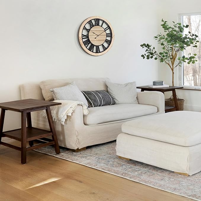 LEIKE 16 Inch Large Wall Clock - Rustic Wooden Silent Non-Ticking Wall Clock with Black Metal Frame, Vintage Farmhouse Decorative for Living Room, Bedroom, Kitchen - Roman Numerals, Modern Design