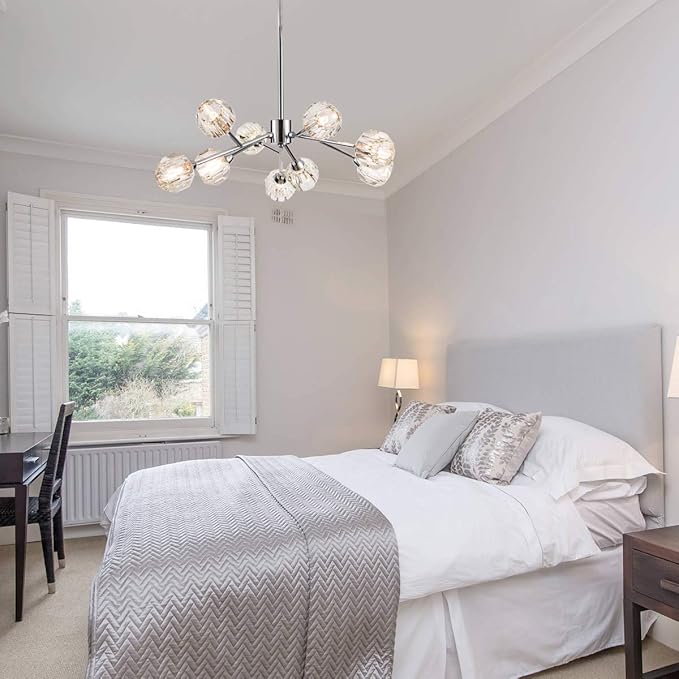 Sputnik Chandeliers for Dining Room Light Fixture Over Table, Modern Crystal Chandeliers, 9 Lights Chrome Lighting Fixtures for Living Room Bedroom Kitchen Island Bar