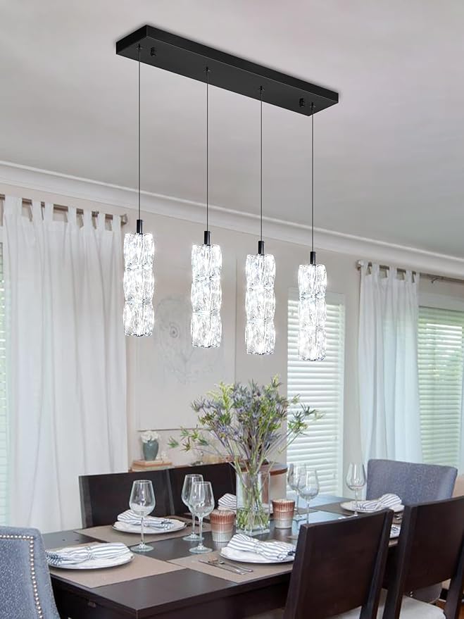 Dining Room Light Fixture 4-Light Black Kitchen Island Lighting Industrial Linear Chandeliers for Dining Room Pendant Light Fixture for Living Room Hallway Bedroom 2700K-6000K