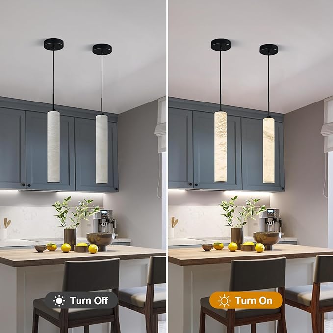 LMQNINE Natural Alabaster Pendant Lights for Kitchen Island White Marble Long Tube Chandelier Modern Black Ceiling Light Fixtures for Bedroom Dining Room Table Living Room Hallway(M-2Pack)