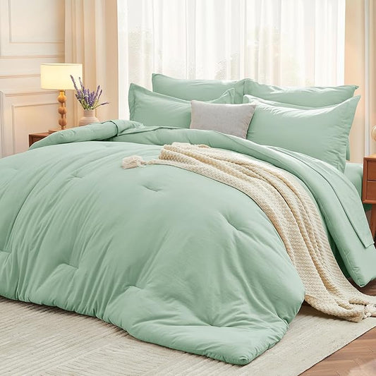 MUXHOMO 5 Pieces Twin XL Comforter Set, Soft Bed in a Bag Twin XL Size, All Season Bedding Set with Comforter, Flat Sheet, Fitted Sheet, Pillowcases & Shams, Sage Green