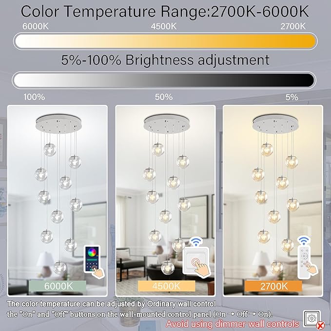 H118 Staircase Chandelier for Entryway Modern Globe Chandelier 12-Lights Glass Globe Pendant Light Large Chandeliers for High Ceiling Foyer Stairwell