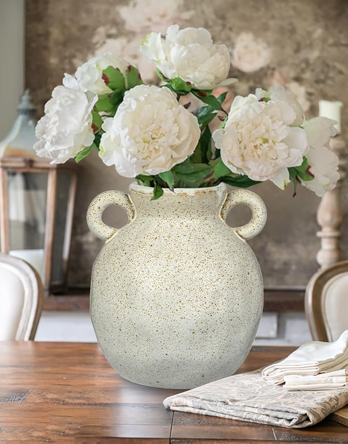 Rustic Ceramic Farmhouse Flower Vase with 2 Handles, Large Vases for Home Decors, Living Room, Bookshelf, Office, Grand Millennial Decor 8.2 Inch