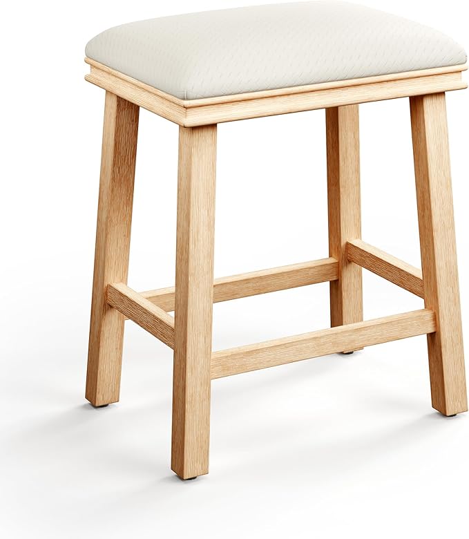 MAISON ARTS Off White Counter Height 24 inch Bar Stool for Kitchen Counter Solid Wood Leg with Faux Leather Padded Seat Farmhouse Barstool for 34"-38" Counter Island Upholstered Stool
