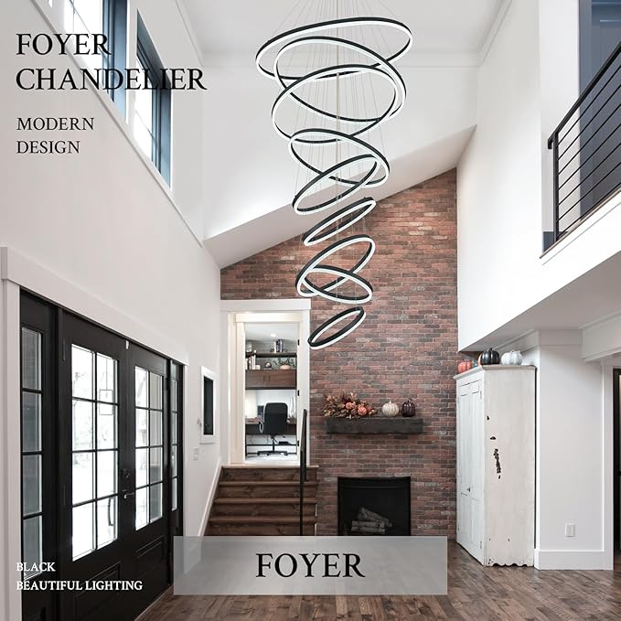 9-Rings D39.4’’ Modern LED Chandelier Black Dimmable High Ceiling Foyer Chandeliers Entryway with Remote Control for Staircase Entryway Living Room Foyer, 3000K-6500K