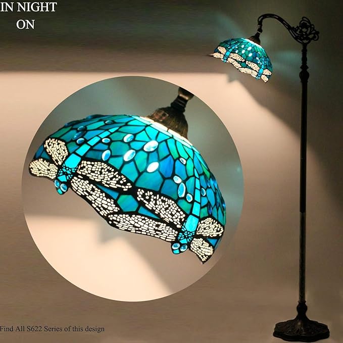 WERFACTORY Tiffany Floor Lamp Sea Blue Stained Glass Dragonfly Arched Lamp 12X18X64 Inches Gooseneck Adjustable Corner Standing Reading Light Decor Bedroom Living Room S622 Series